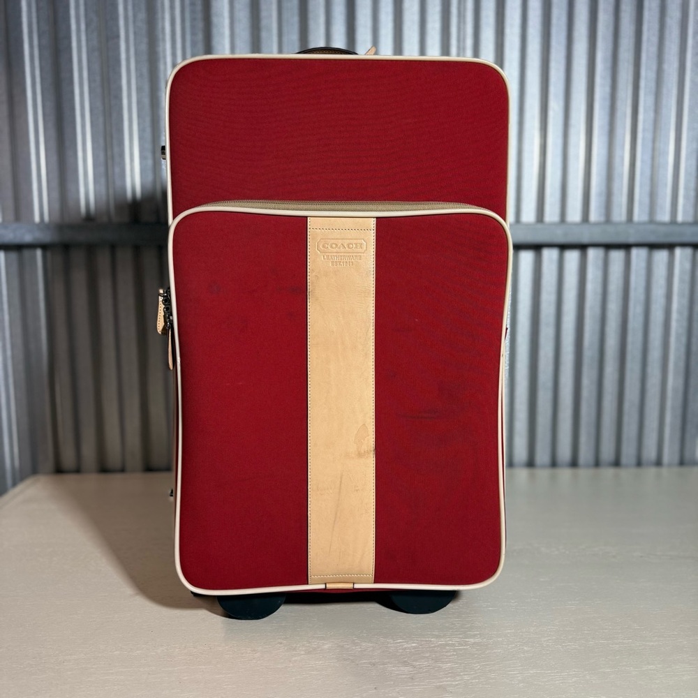 Vintage y2k COACH Red Nylon Tan Leather 22" Carry-On Upright Suitcase Leather